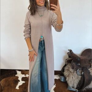 Turtleneck long sweater dress cardigan with slit